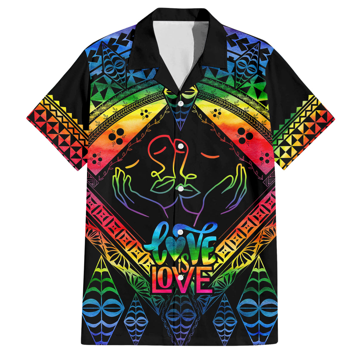 Tonga LGBT Family Matching Short Sleeve Bodycon Dress and Hawaiian Shirt Love Is Love Ngatu Rainbow Water Color LT9 Dad's Shirt - Short Sleeve Black - Polynesian Pride