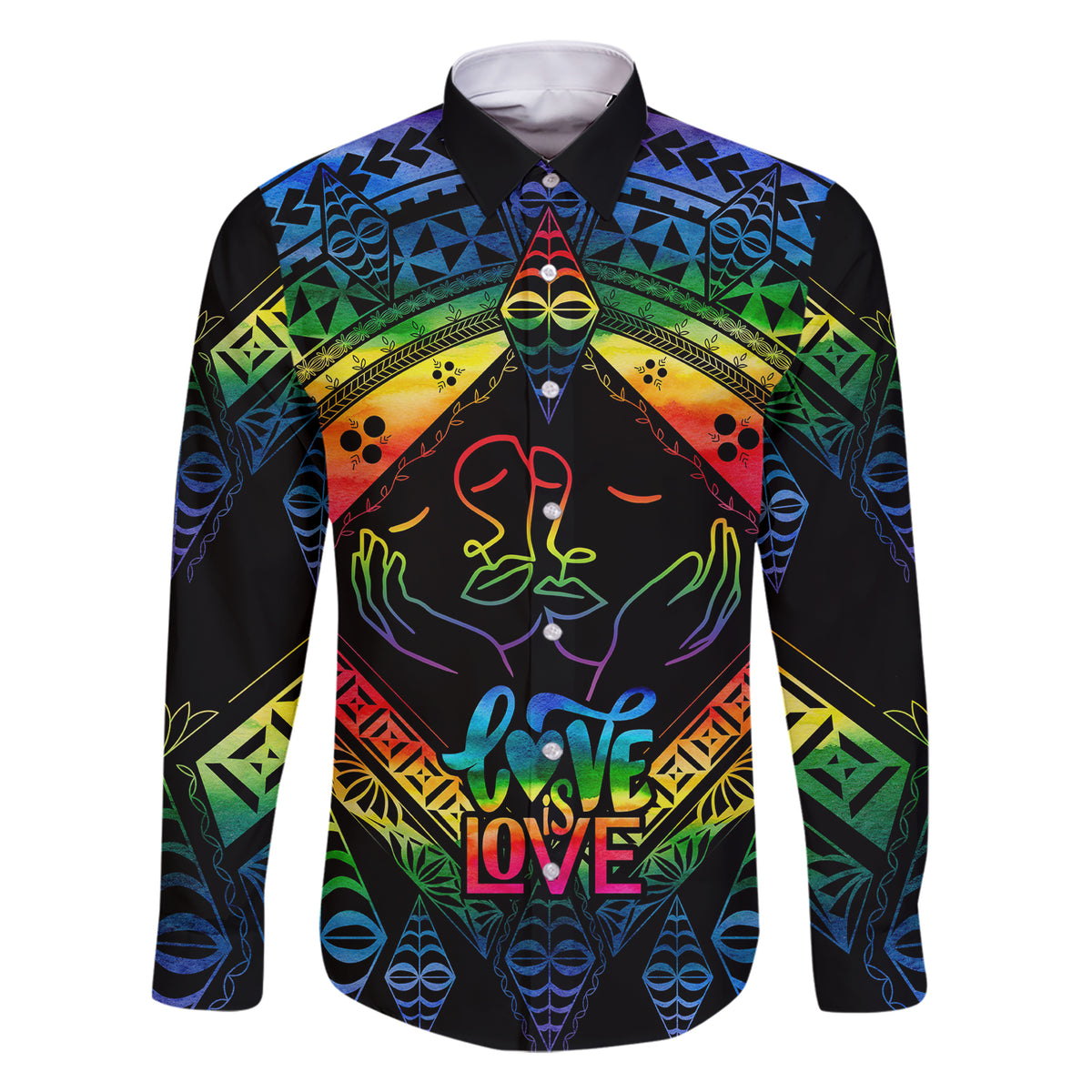 Tonga LGBT Family Matching Short Sleeve Bodycon Dress and Hawaiian Shirt Love Is Love Ngatu Rainbow Water Color LT9 Dad's Shirt - Long Sleeve Black - Polynesian Pride