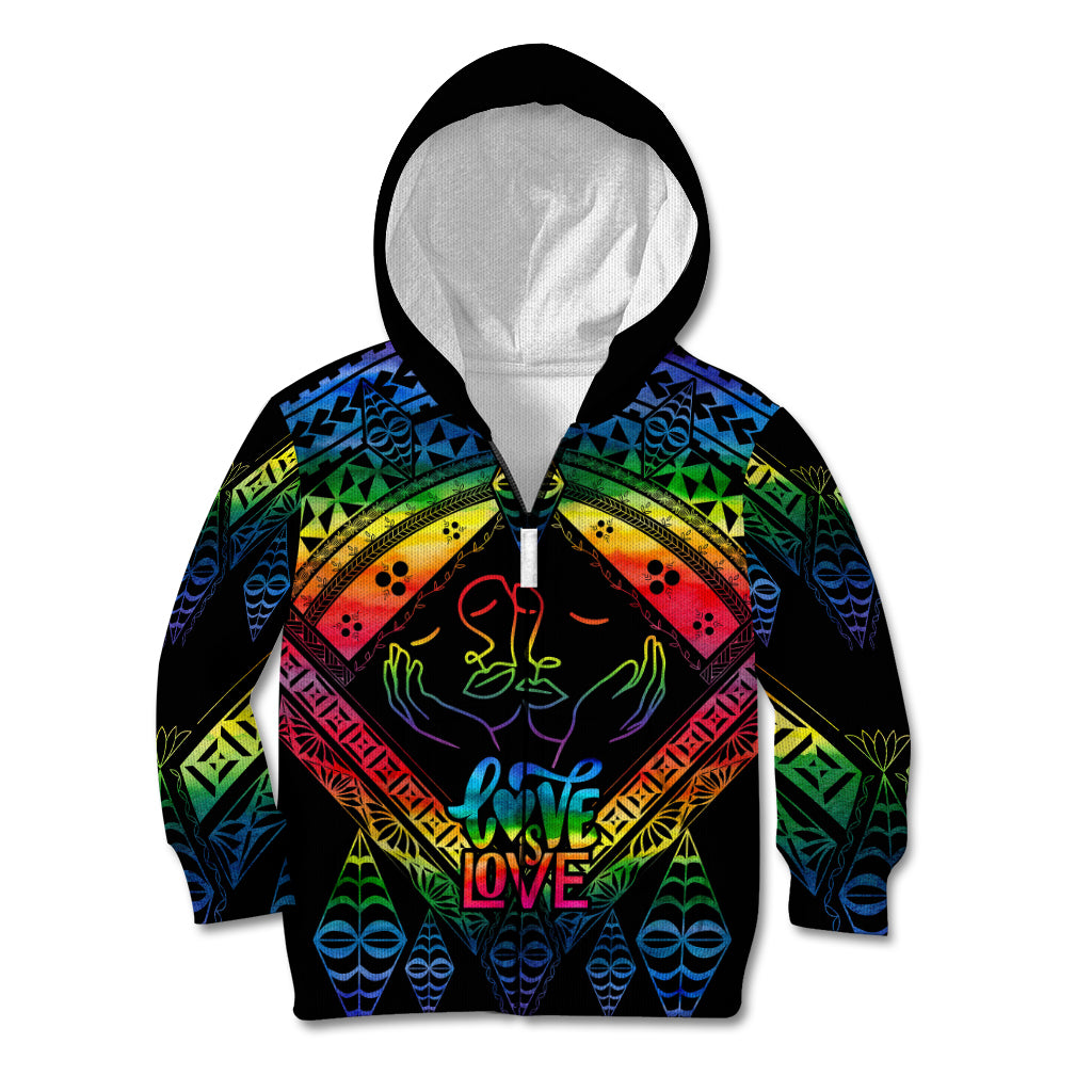 Tonga LGBT Kid Hoodie Love Is Love Ngatu Rainbow Water Color LT9 Zip Hoodie Black - Polynesian Pride