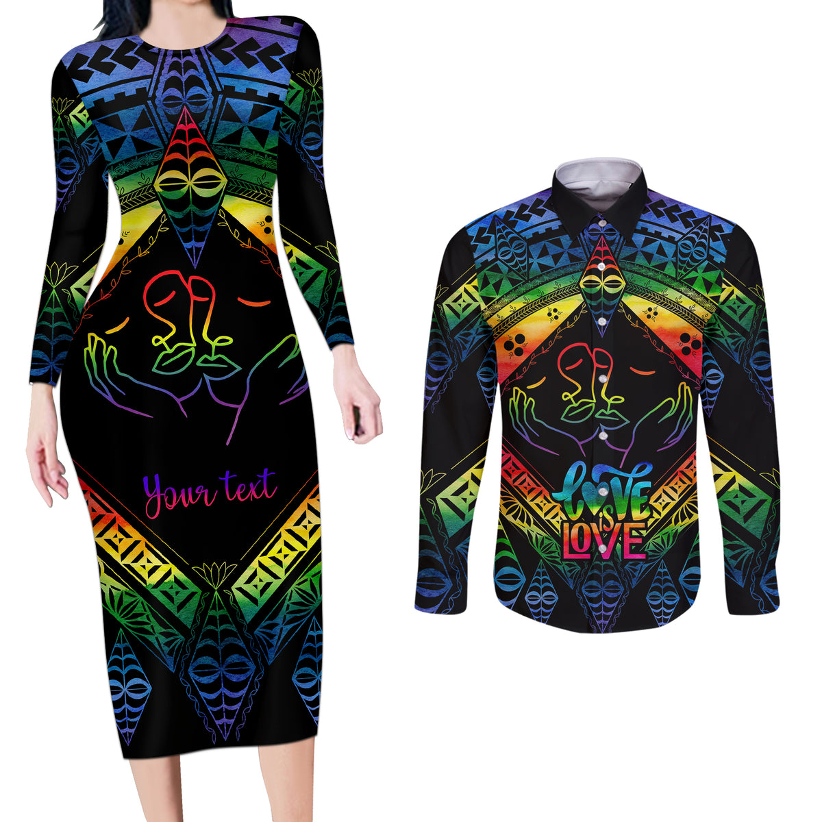 Personalised Tonga LGBT Couples Matching Long Sleeve Bodycon Dress and Long Sleeve Button Shirts Love Is Love Ngatu Rainbow Water Color LT9 Black - Polynesian Pride
