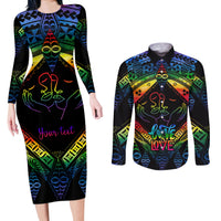 Personalised Tonga LGBT Couples Matching Long Sleeve Bodycon Dress and Long Sleeve Button Shirts Love Is Love Ngatu Rainbow Water Color LT9 Black - Polynesian Pride