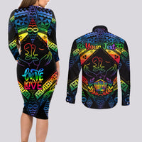 Personalised Tonga LGBT Couples Matching Long Sleeve Bodycon Dress and Long Sleeve Button Shirts Love Is Love Ngatu Rainbow Water Color LT9 - Polynesian Pride