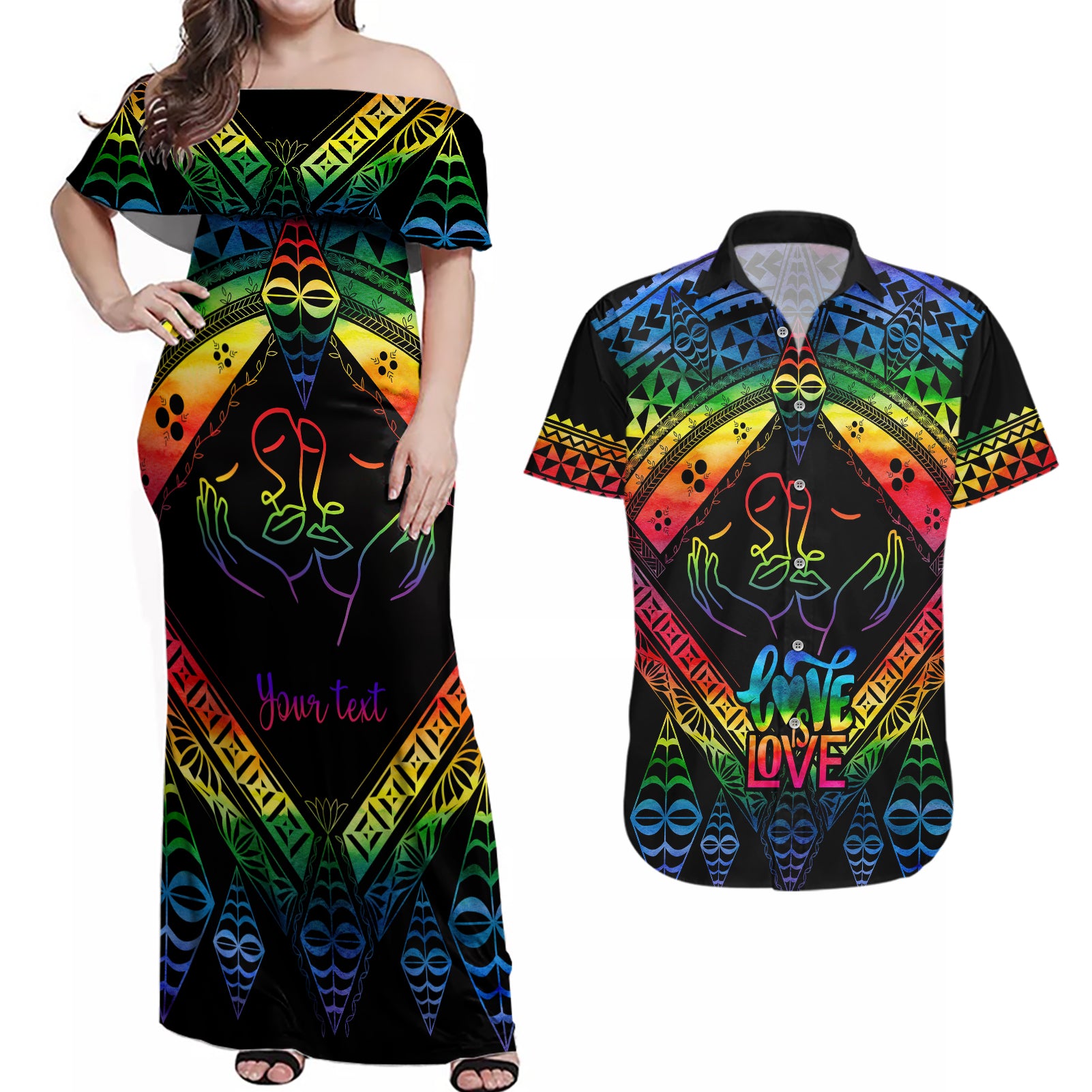 personalised-tonga-lgbt-couples-matching-off-shoulder-maxi-dress-and-hawaiian-shirt-love-is-love-ngatu-rainbow-water-color