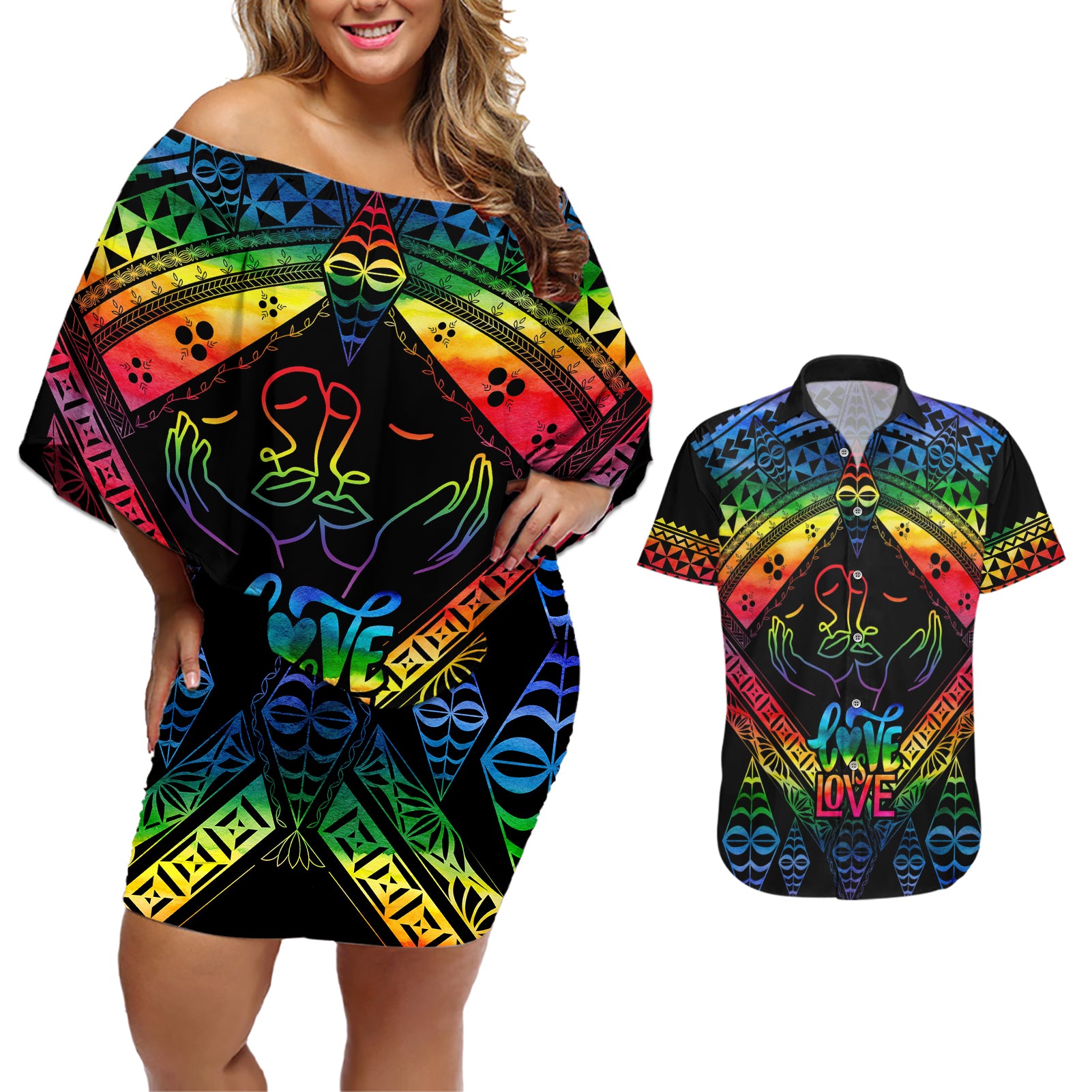 personalised-tonga-lgbt-couples-matching-off-shoulder-short-dress-and-hawaiian-shirt-love-is-love-ngatu-rainbow-water-color