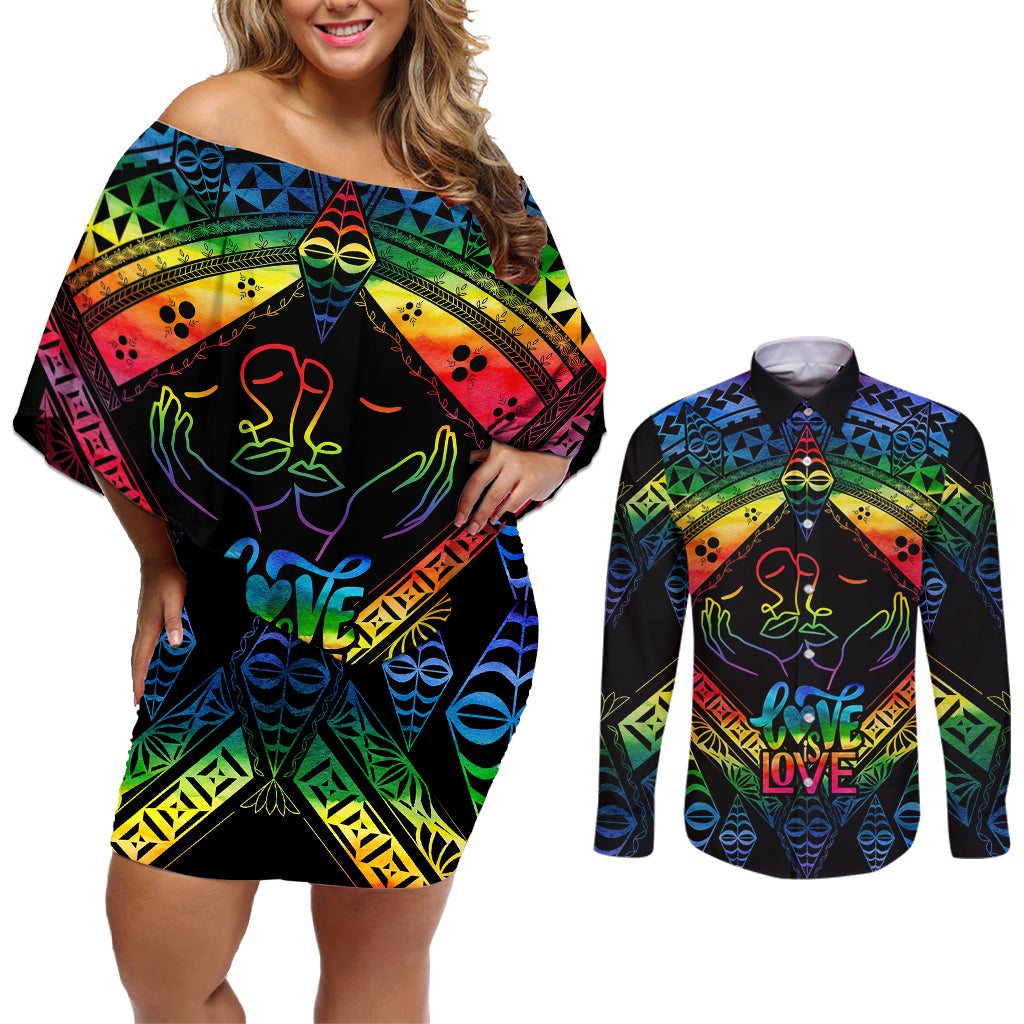 personalised-tonga-lgbt-couples-matching-off-shoulder-short-dress-and-long-sleeve-button-shirts-love-is-love-ngatu-rainbow-water-color