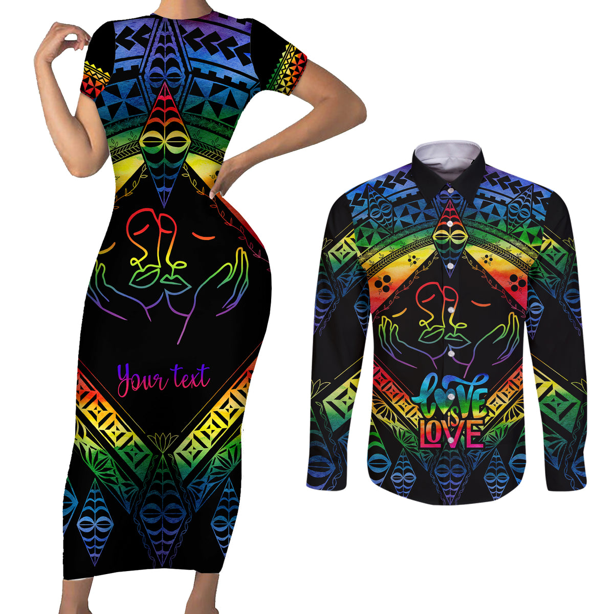 Personalised Tonga LGBT Couples Matching Short Sleeve Bodycon Dress and Long Sleeve Button Shirts Love Is Love Ngatu Rainbow Water Color LT9 Black - Polynesian Pride