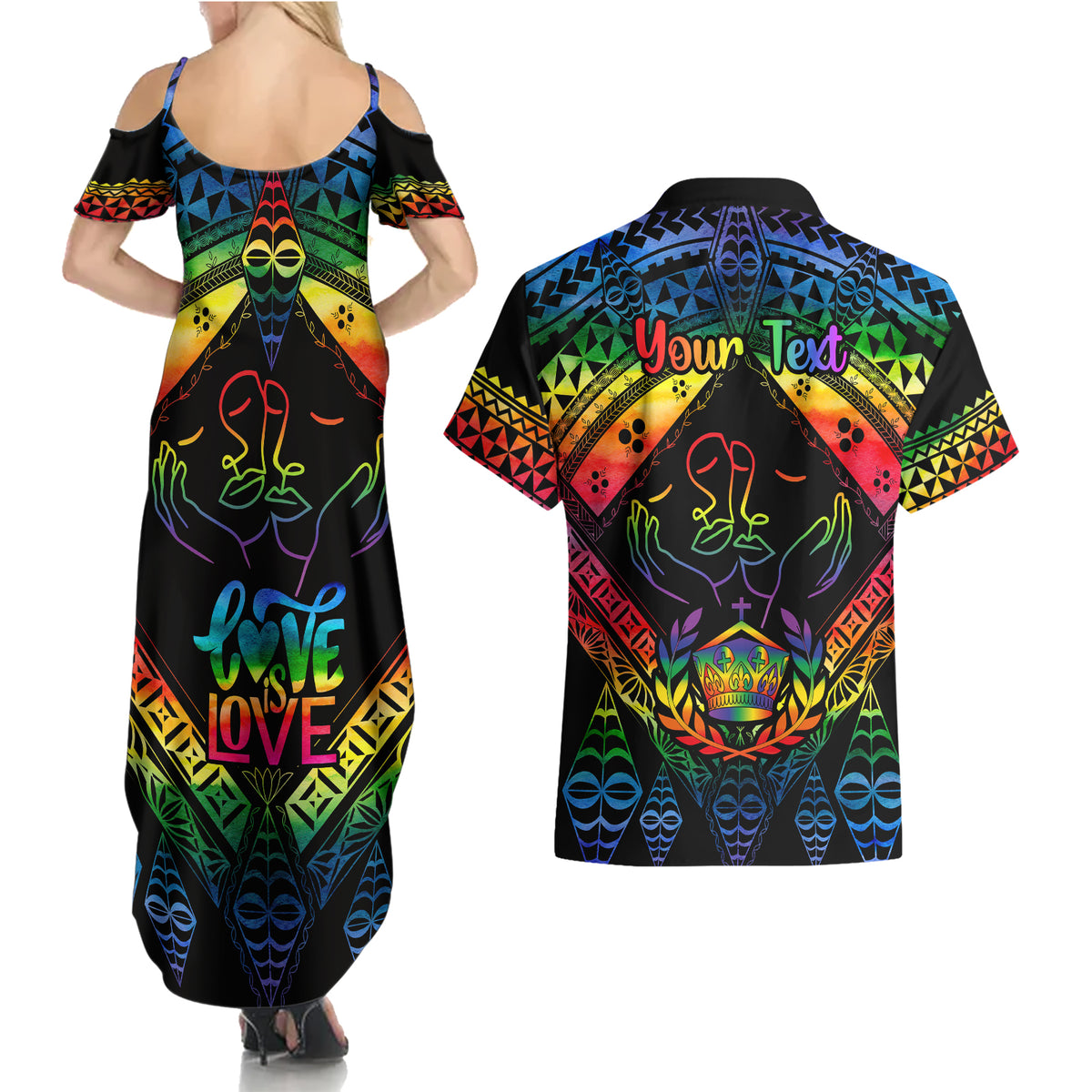 personalised-tonga-lgbt-couples-matching-summer-maxi-dress-and-hawaiian-shirt-love-is-love-ngatu-rainbow-water-color