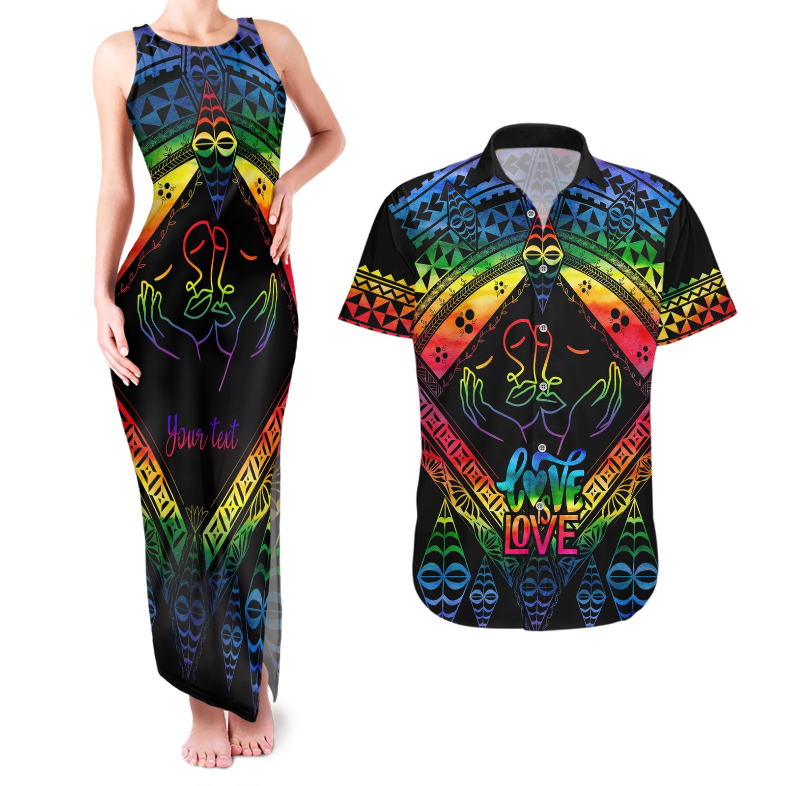 personalised-tonga-lgbt-couples-matching-tank-maxi-dress-and-hawaiian-shirt-love-is-love-ngatu-rainbow-water-color