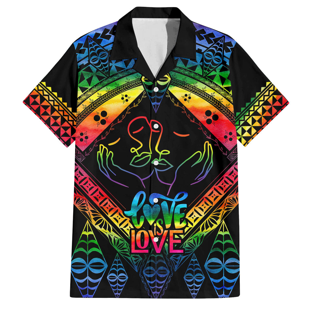 Personalised Tonga LGBT Family Matching Long Sleeve Bodycon Dress and Hawaiian Shirt Love Is Love Ngatu Rainbow Water Color LT9 Dad's Shirt - Short Sleeve Black - Polynesian Pride