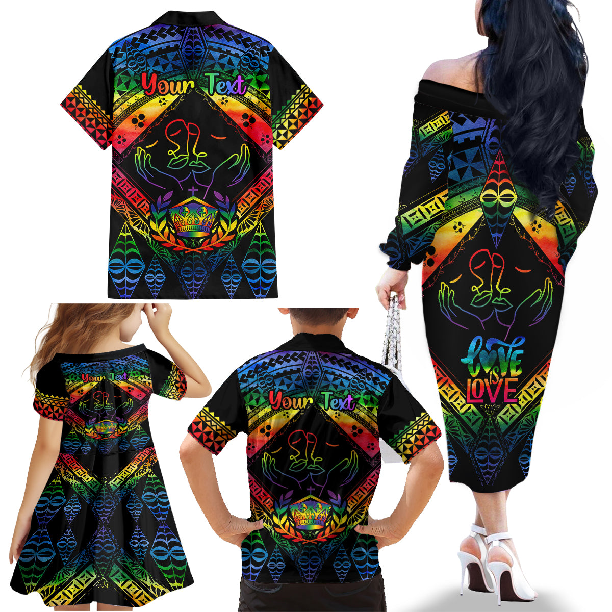 Personalised Tonga LGBT Family Matching Off Shoulder Long Sleeve Dress and Hawaiian Shirt Love Is Love Ngatu Rainbow Water Color LT9 - Polynesian Pride