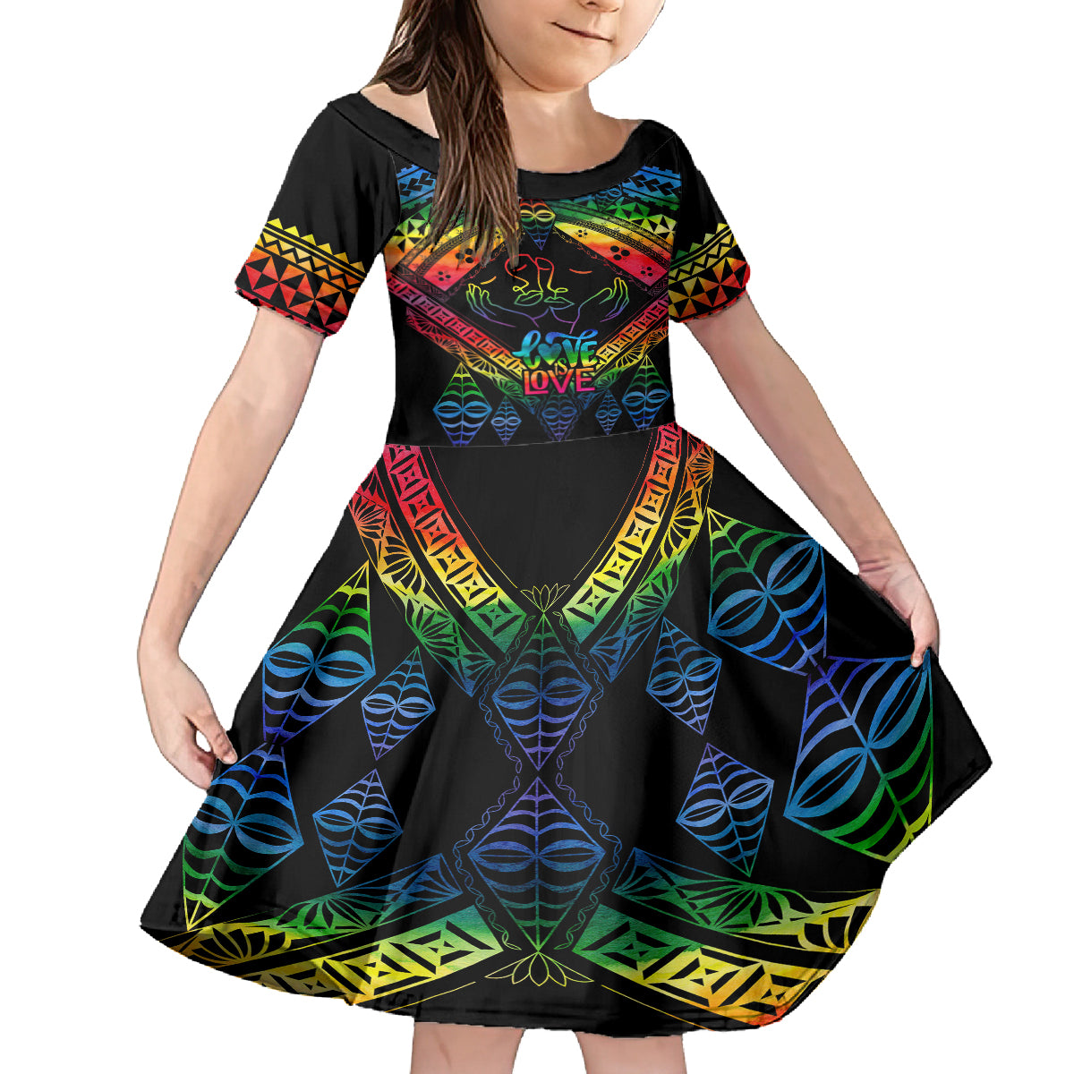 Personalised Tonga LGBT Family Matching Off Shoulder Short Dress and Hawaiian Shirt Love Is Love Ngatu Rainbow Water Color LT9 Daughter's Dress Black - Polynesian Pride