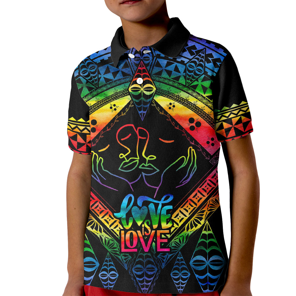 Personalised Tonga LGBT Kid Polo Shirt Love Is Love Ngatu Rainbow Water Color LT9 Kid Black - Polynesian Pride