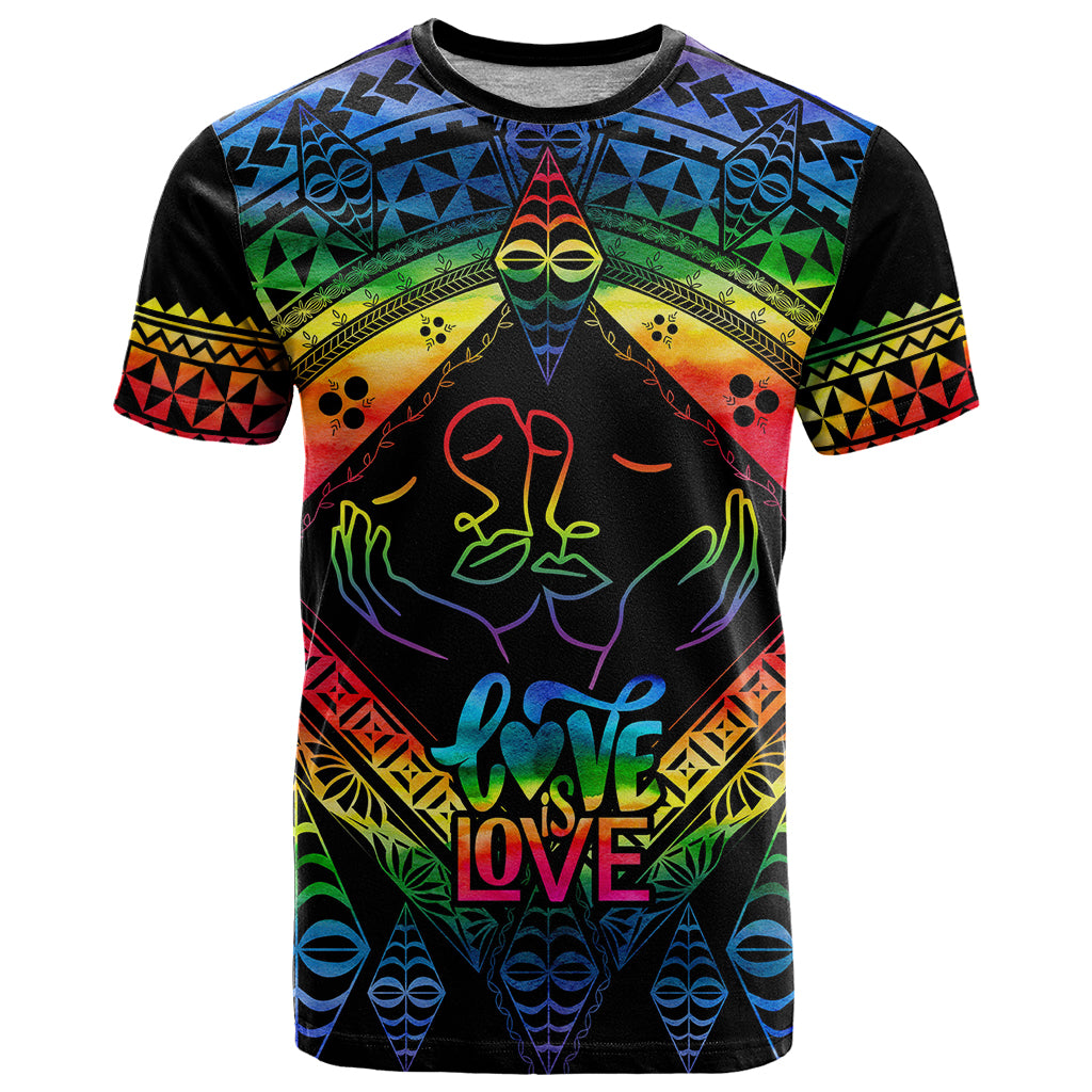 Personalised Tonga LGBT T Shirt Love Is Love Ngatu Rainbow Water Color LT9 Black - Polynesian Pride