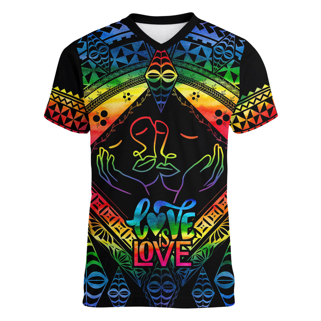 personalised-tonga-lgbt-women-v-neck-t-shirt-love-is-love-ngatu-rainbow-water-color