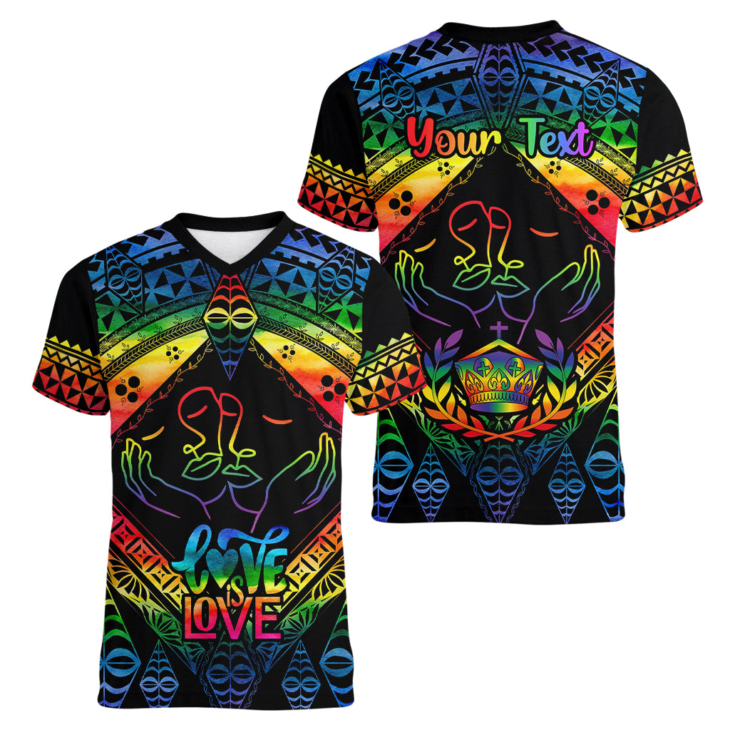 personalised-tonga-lgbt-women-v-neck-t-shirt-love-is-love-ngatu-rainbow-water-color