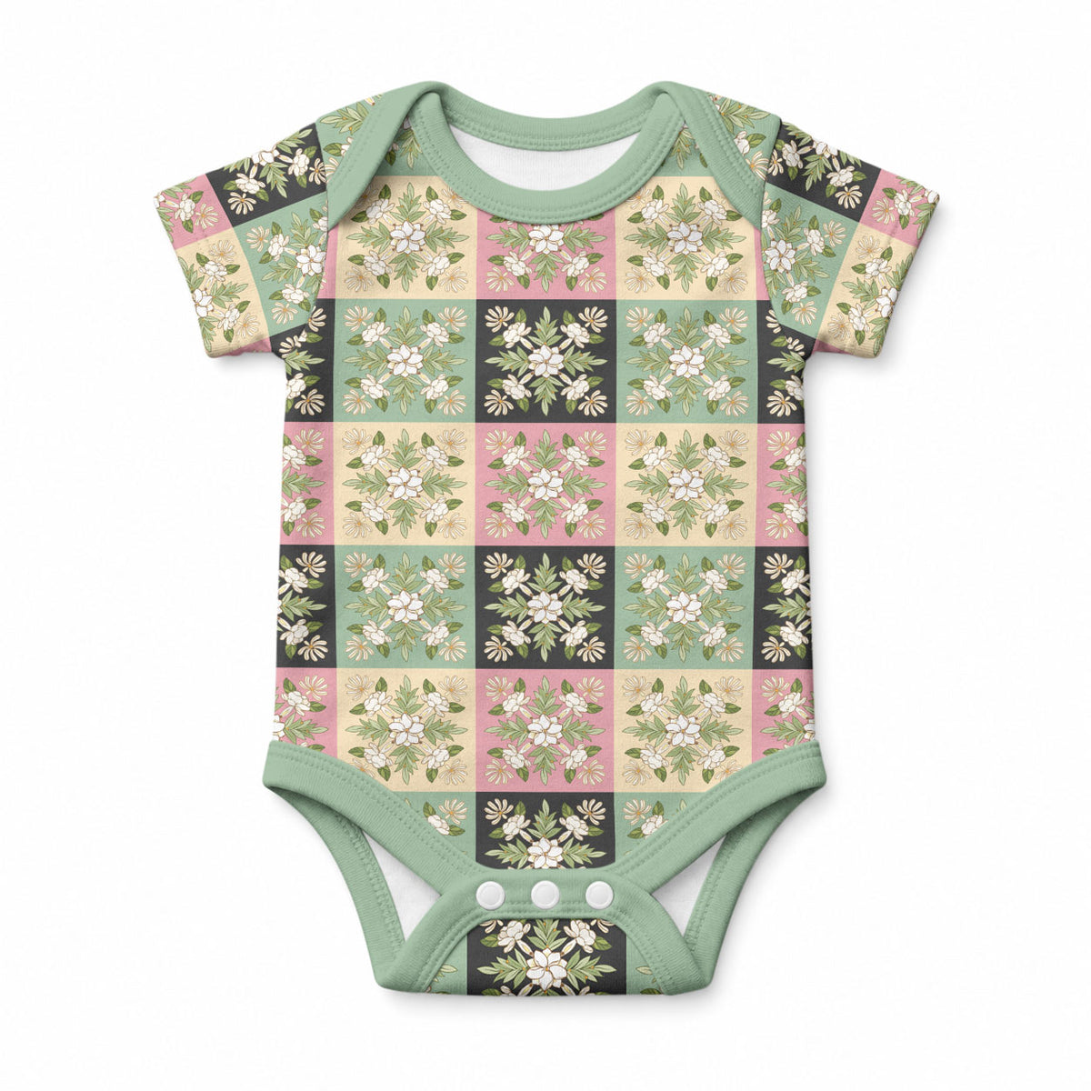 Seamless Pattern Maile and Pikake Lei Baby Onesie Squares Maile Leaf LT9 Green - Polynesian Pride