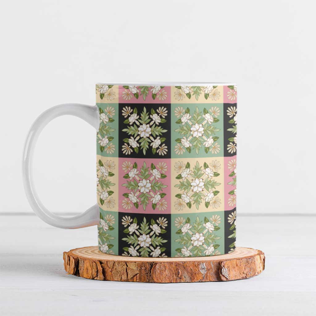 Seamless Pattern Maile and Pikake Lei Ceramic Mug Squares Maile Leaf - Polynesian Pride