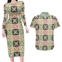 Seamless Pattern Maile and Pikake Lei Couples Matching Long Sleeve Bodycon Dress and Hawaiian Shirt Squares Maile Leaf - Polynesian Pride