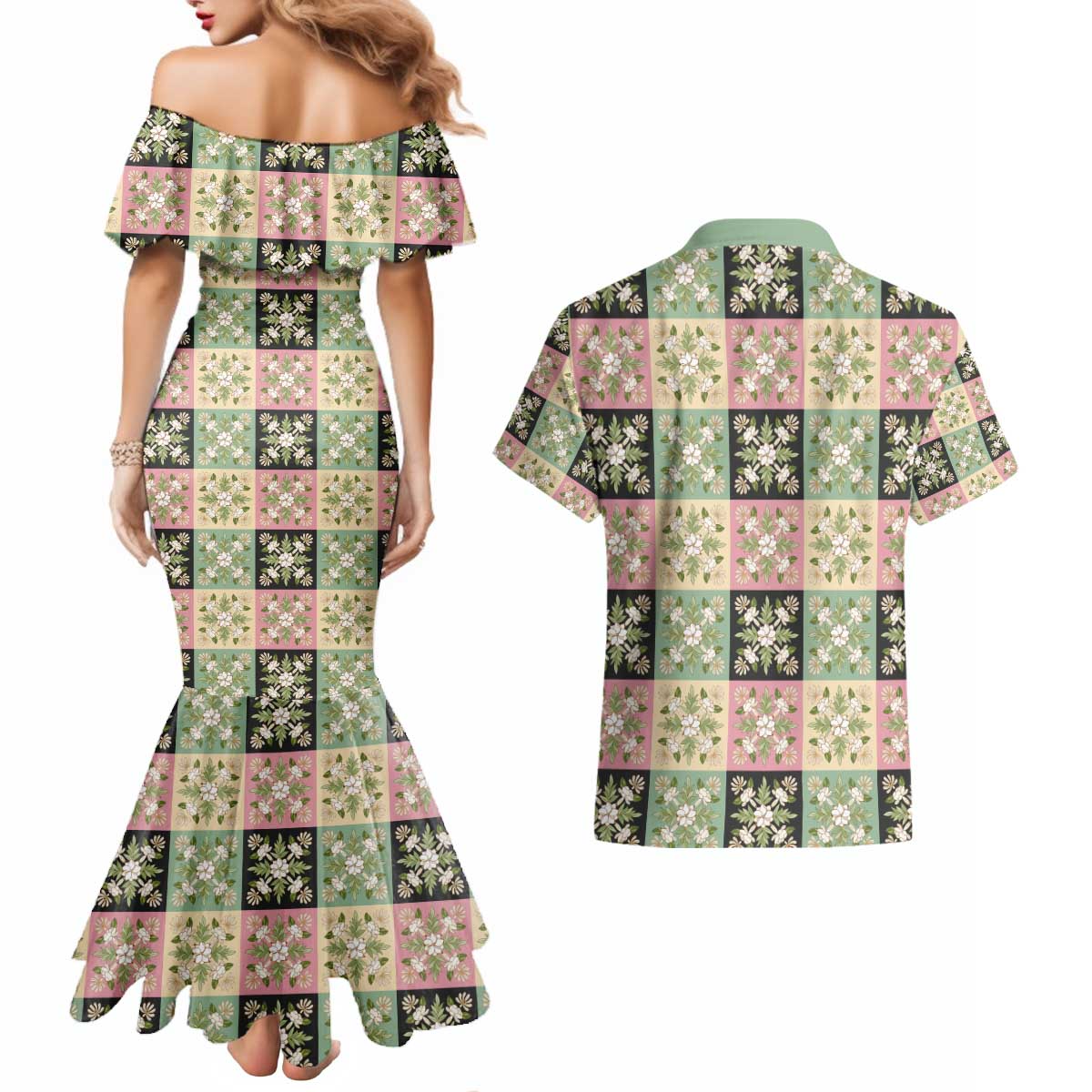 Seamless Pattern Maile and Pikake Lei Couples Matching Mermaid Dress and Hawaiian Shirt Squares Maile Leaf - Polynesian Pride