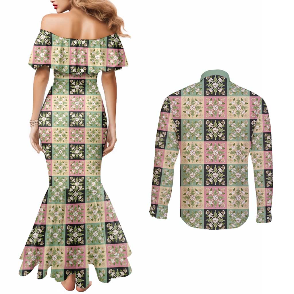 Seamless Pattern Maile and Pikake Lei Couples Matching Mermaid Dress and Long Sleeve Button Shirt Squares Maile Leaf - Polynesian Pride