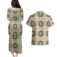 Seamless Pattern Maile and Pikake Lei Couples Matching Puletasi and Hawaiian Shirt Squares Maile Leaf - Polynesian Pride