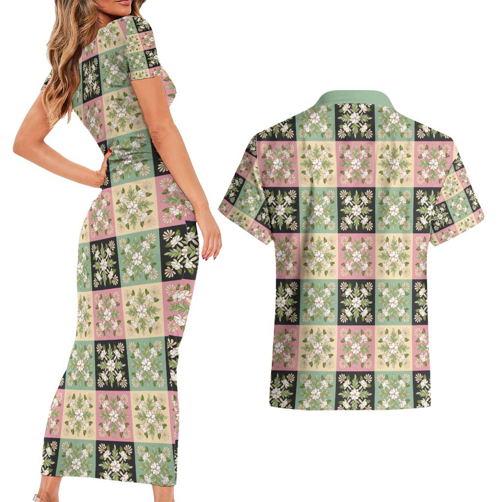 Seamless Pattern Maile and Pikake Lei Couples Matching Short Sleeve Bodycon Dress and Hawaiian Shirt Squares Maile Leaf - Polynesian Pride