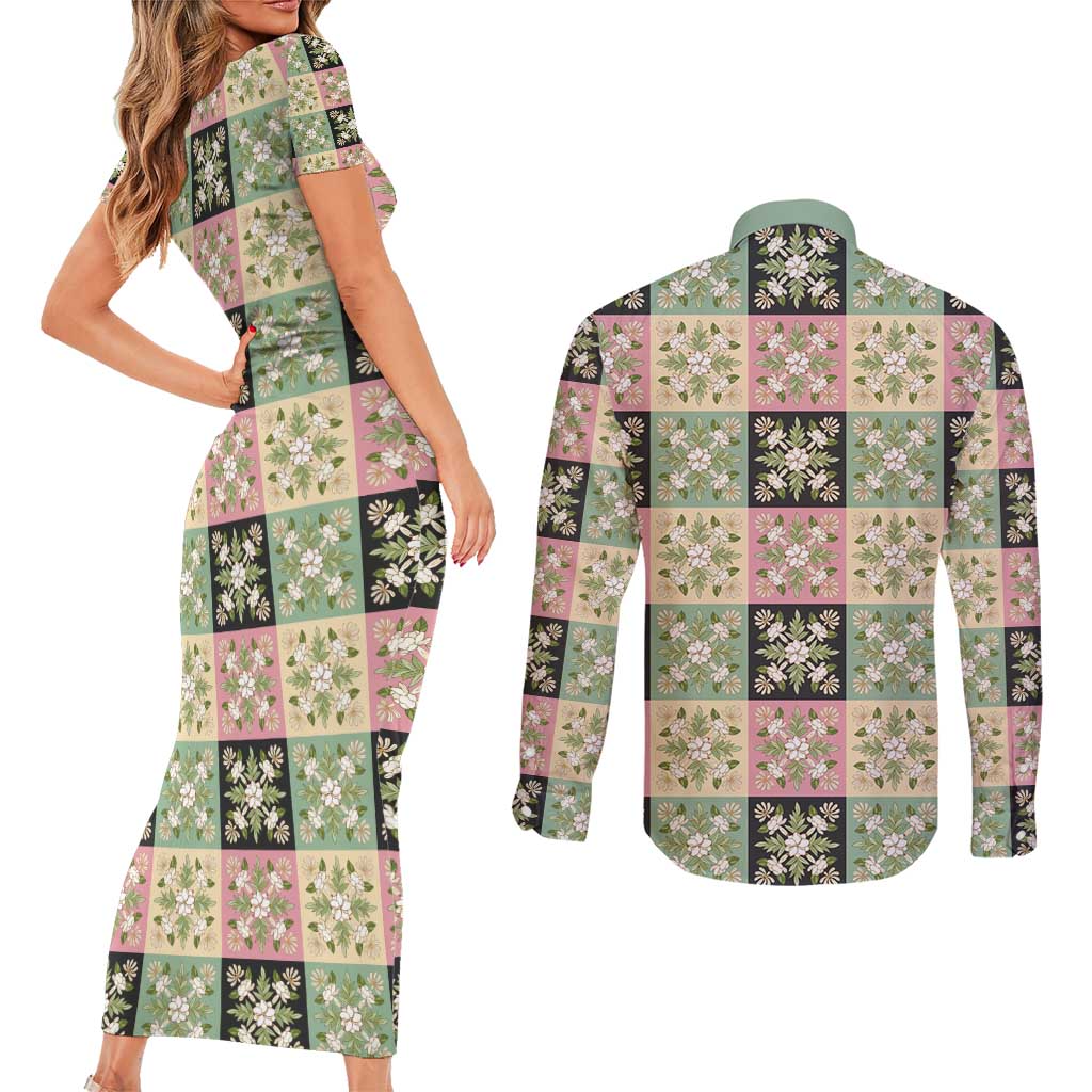Seamless Pattern Maile and Pikake Lei Couples Matching Short Sleeve Bodycon Dress and Long Sleeve Button Shirt Squares Maile Leaf - Polynesian Pride