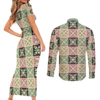 Seamless Pattern Maile and Pikake Lei Couples Matching Short Sleeve Bodycon Dress and Long Sleeve Button Shirt Squares Maile Leaf - Polynesian Pride