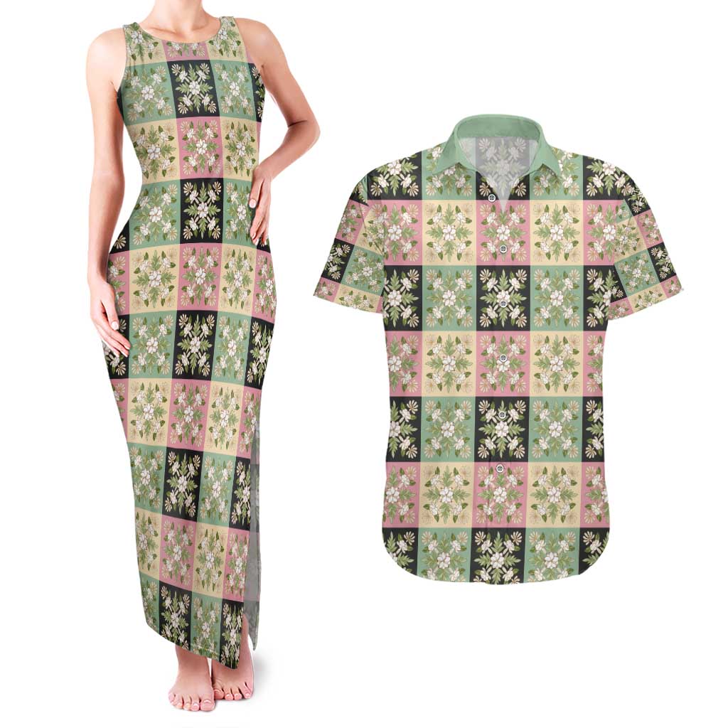 Seamless Pattern Maile and Pikake Lei Couples Matching Tank Maxi Dress and Hawaiian Shirt Squares Maile Leaf - Polynesian Pride