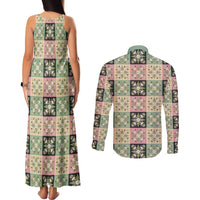 Seamless Pattern Maile and Pikake Lei Couples Matching Tank Maxi Dress and Long Sleeve Button Shirt Squares Maile Leaf - Polynesian Pride