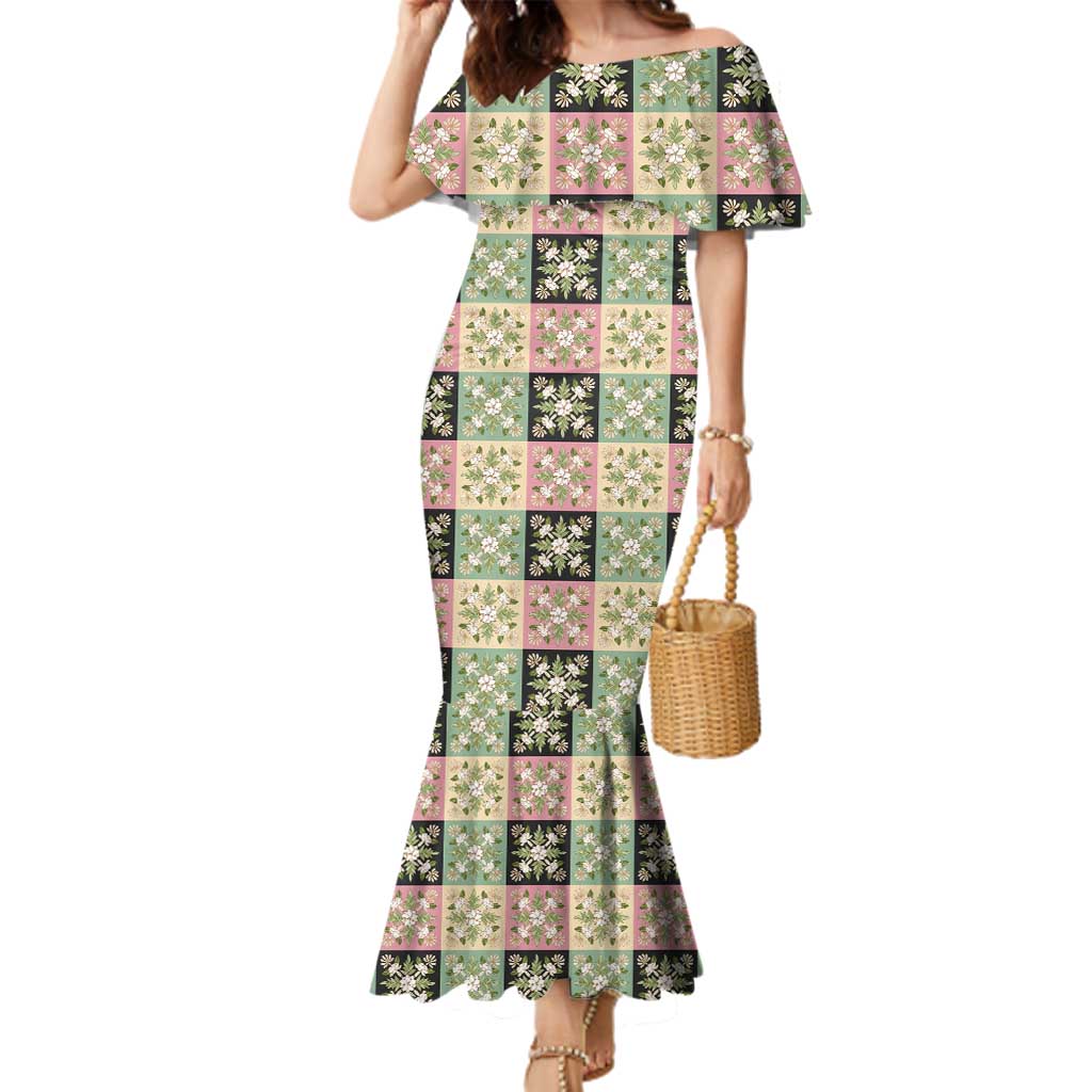 Seamless Pattern Maile and Pikake Lei Family Matching Mermaid Dress and Hawaiian Shirt Squares Maile Leaf - Polynesian Pride