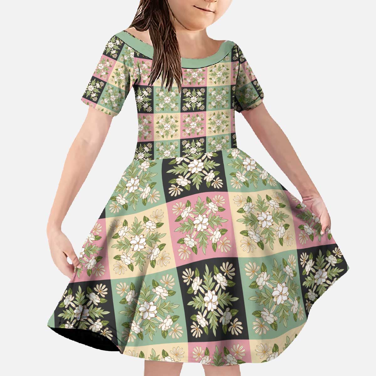 Seamless Pattern Maile and Pikake Lei Family Matching Off The Shoulder Long Sleeve Dress and Hawaiian Shirt Squares Maile Leaf - Polynesian Pride