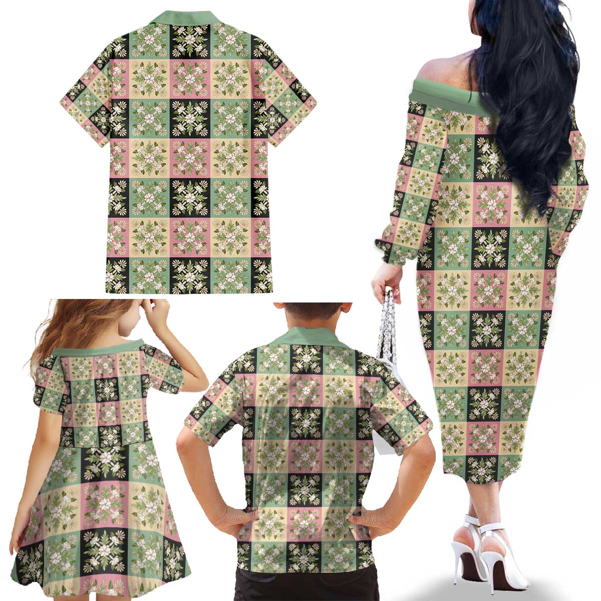 Seamless Pattern Maile and Pikake Lei Family Matching Off The Shoulder Long Sleeve Dress and Hawaiian Shirt Squares Maile Leaf - Polynesian Pride