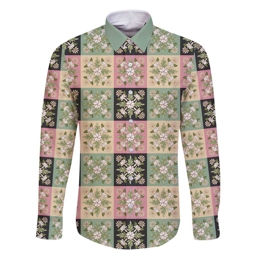 Seamless Pattern Maile and Pikake Lei Family Matching Off Shoulder Maxi Dress and Hawaiian Shirt Squares Maile Leaf - Polynesian Pride