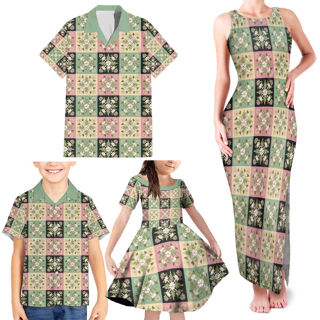 Seamless Pattern Maile and Pikake Lei Family Matching Tank Maxi Dress and Hawaiian Shirt Squares Maile Leaf - Polynesian Pride