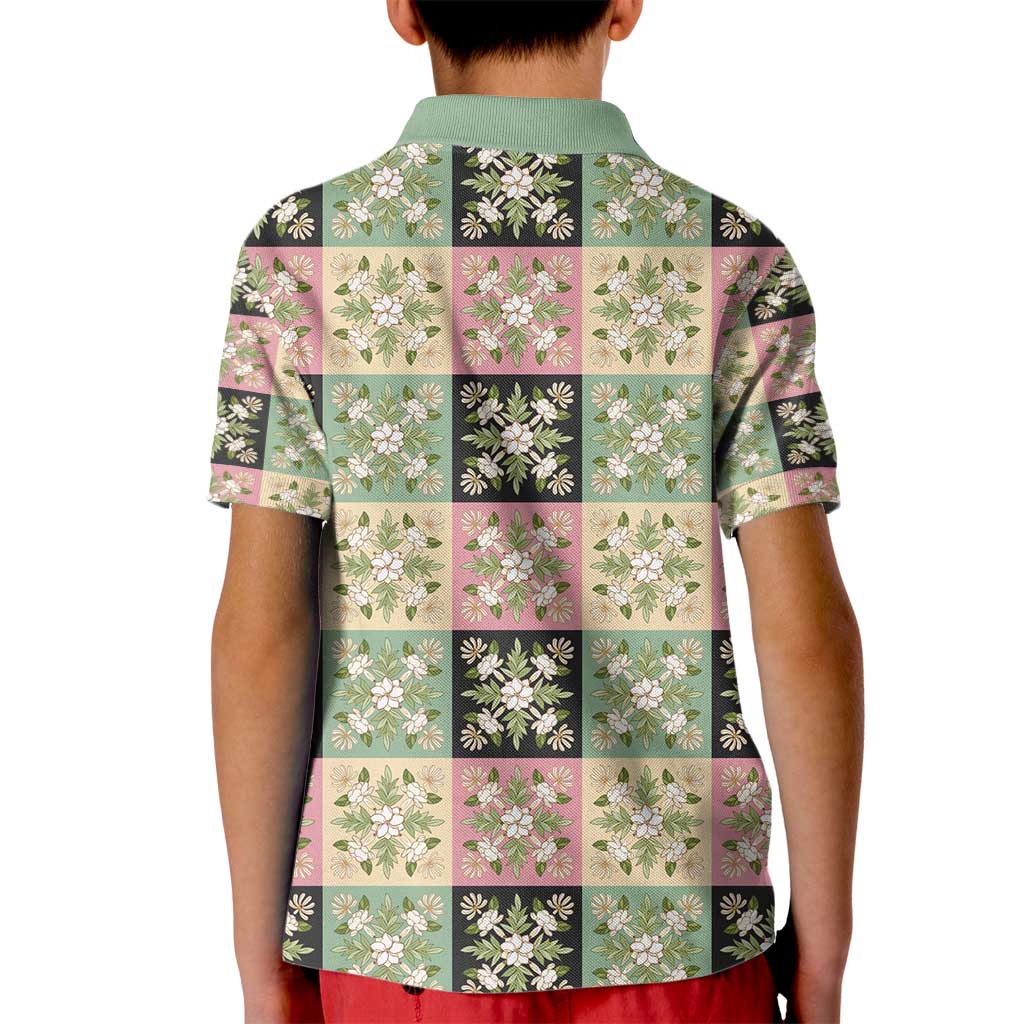 Seamless Pattern Maile and Pikake Lei Kid Polo Shirt Squares Maile Leaf - Polynesian Pride