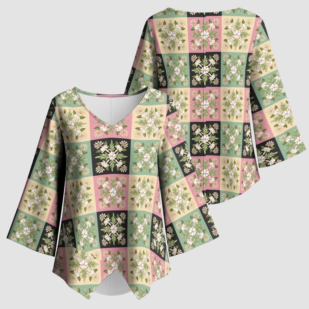 Seamless Pattern Maile and Pikake Lei Kimono Sleeve Blouse Squares Maile Leaf - Polynesian Pride