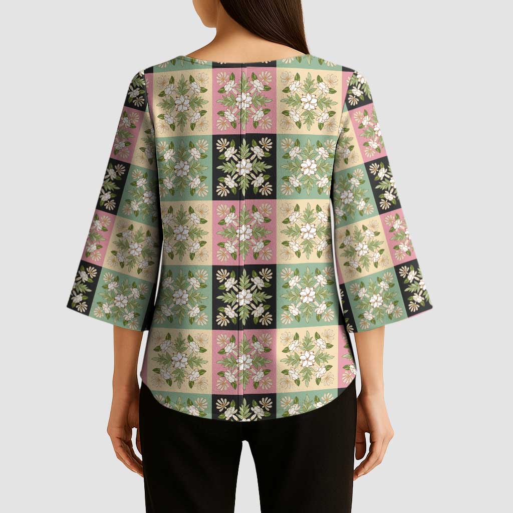 Seamless Pattern Maile and Pikake Lei Kimono Sleeve Blouse Squares Maile Leaf - Polynesian Pride