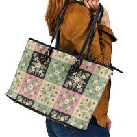 Seamless Pattern Maile and Pikake Lei Leather Tote Bag Squares Maile Leaf - Polynesian Pride