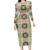 Seamless Pattern Maile and Pikake Lei Long Sleeve Bodycon Dress Squares Maile Leaf - Polynesian Pride