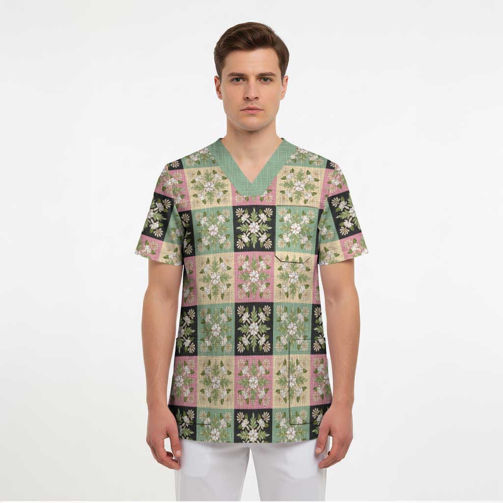 Seamless Pattern Maile and Pikake Lei Scrub Top Squares Maile Leaf - Polynesian Pride