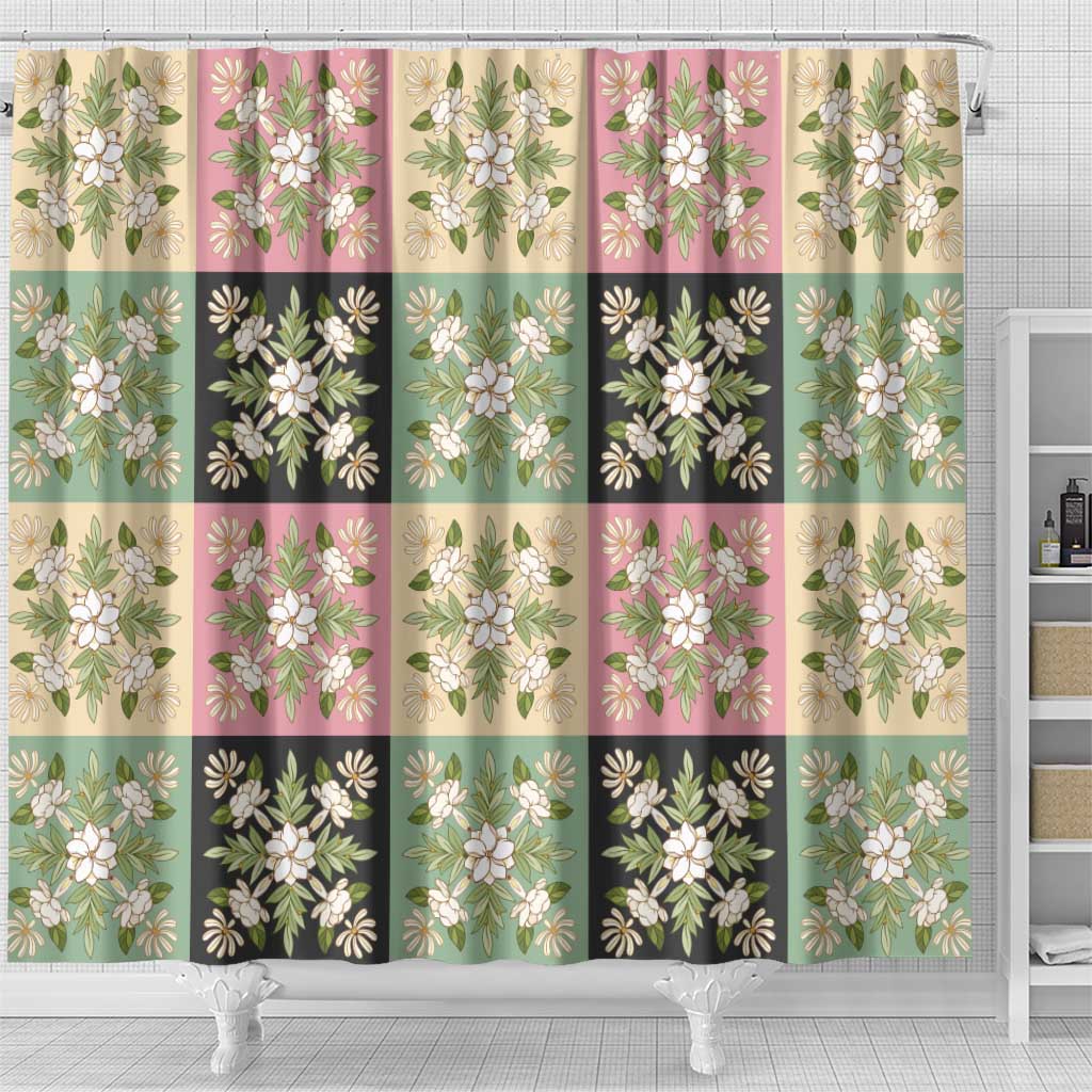 Seamless Pattern Maile and Pikake Lei Shower Curtain Squares Maile Leaf - Polynesian Pride