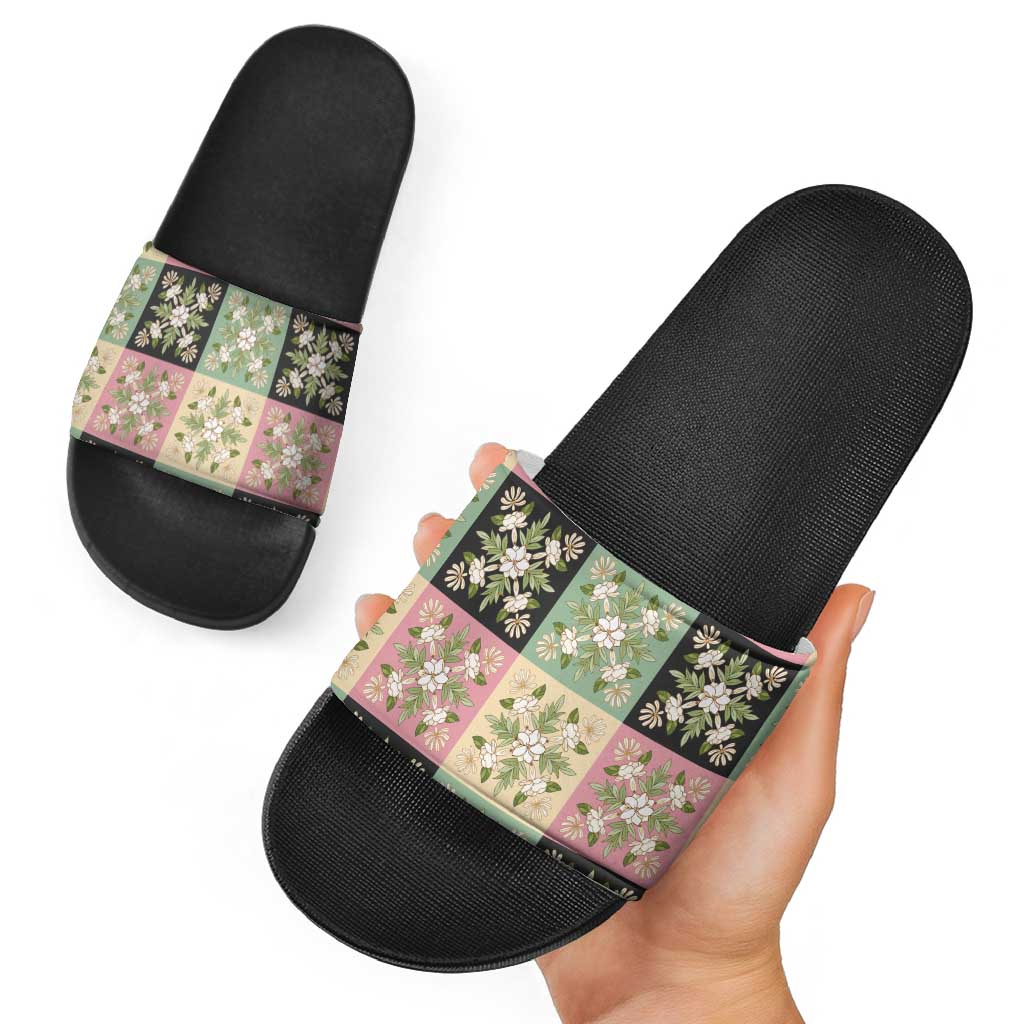 Seamless Pattern Maile and Pikake Lei Slide Sandals Squares Maile Leaf - Polynesian Pride