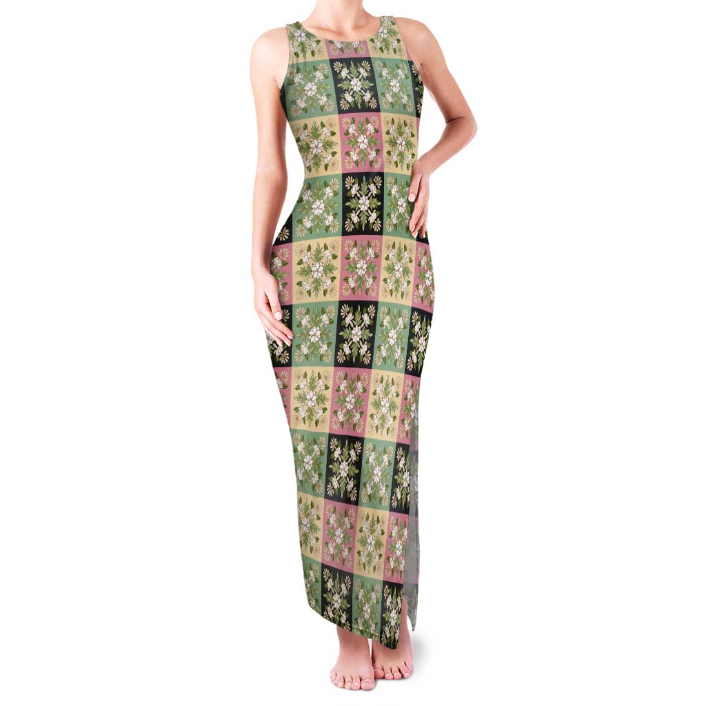 Seamless Pattern Maile and Pikake Lei Tank Maxi Dress Squares Maile Leaf - Polynesian Pride