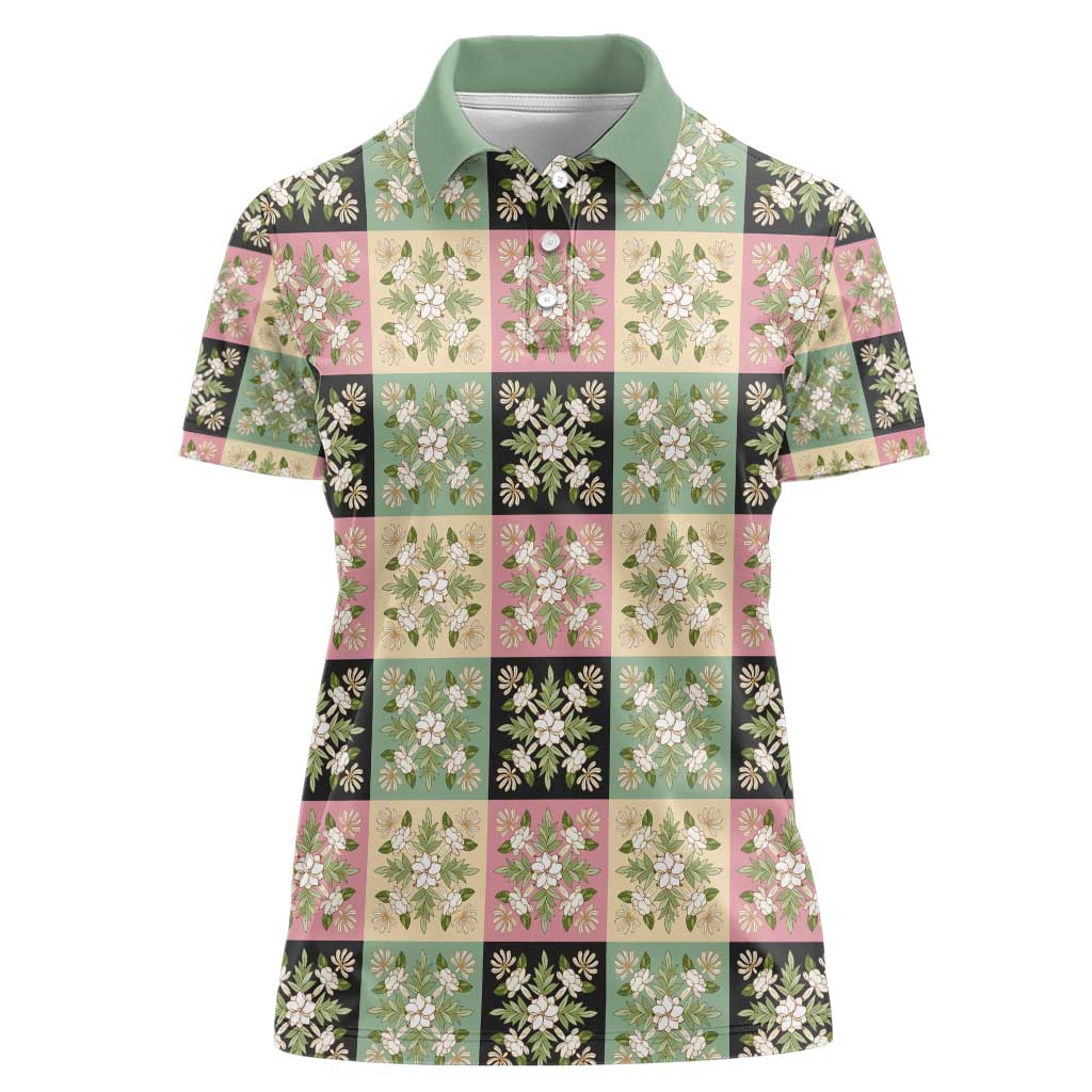 Seamless Pattern Maile and Pikake Lei Women Polo Shirt Squares Maile Leaf - Polynesian Pride