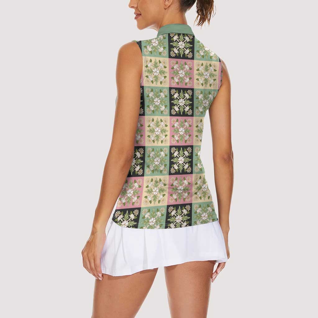 Seamless Pattern Maile and Pikake Lei Women Sleeveless Polo Shirt Squares Maile Leaf - Polynesian Pride