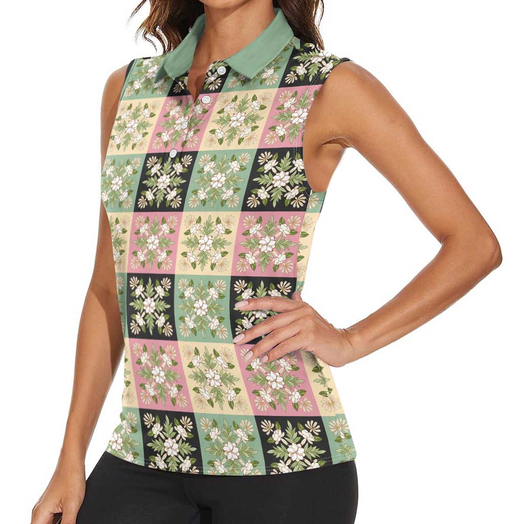 Seamless Pattern Maile and Pikake Lei Women Sleeveless Polo Shirt Squares Maile Leaf - Polynesian Pride
