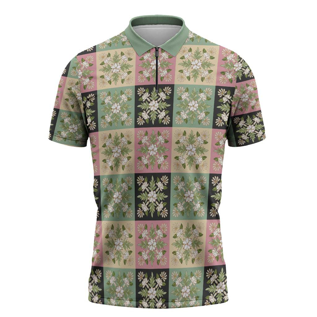 Seamless Pattern Maile and Pikake Lei Zipper Polo Shirt Squares Maile Leaf - Polynesian Pride