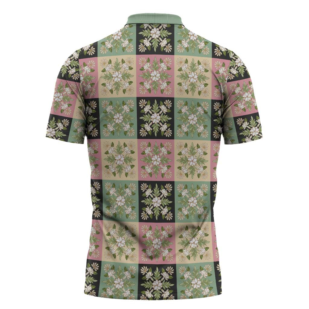Seamless Pattern Maile and Pikake Lei Zipper Polo Shirt Squares Maile Leaf - Polynesian Pride