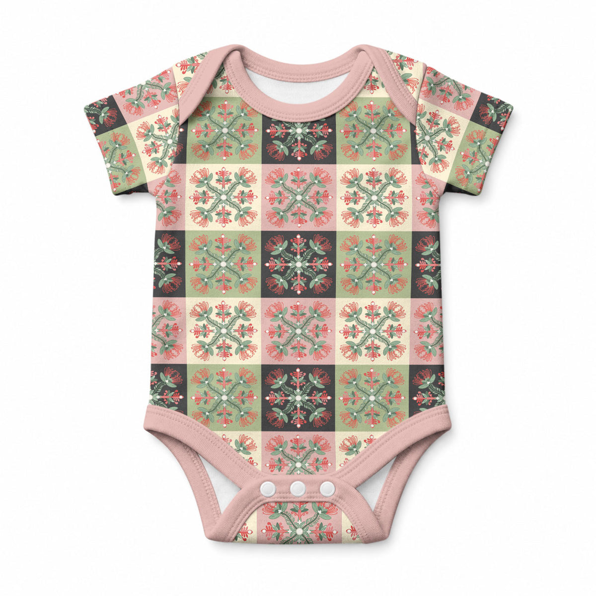 Seamless Pattern Pikake Lei Baby Onesie Floral Squares Pikake LT9 Pink - Polynesian Pride